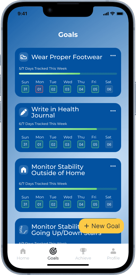 Goals list with weekly tracking